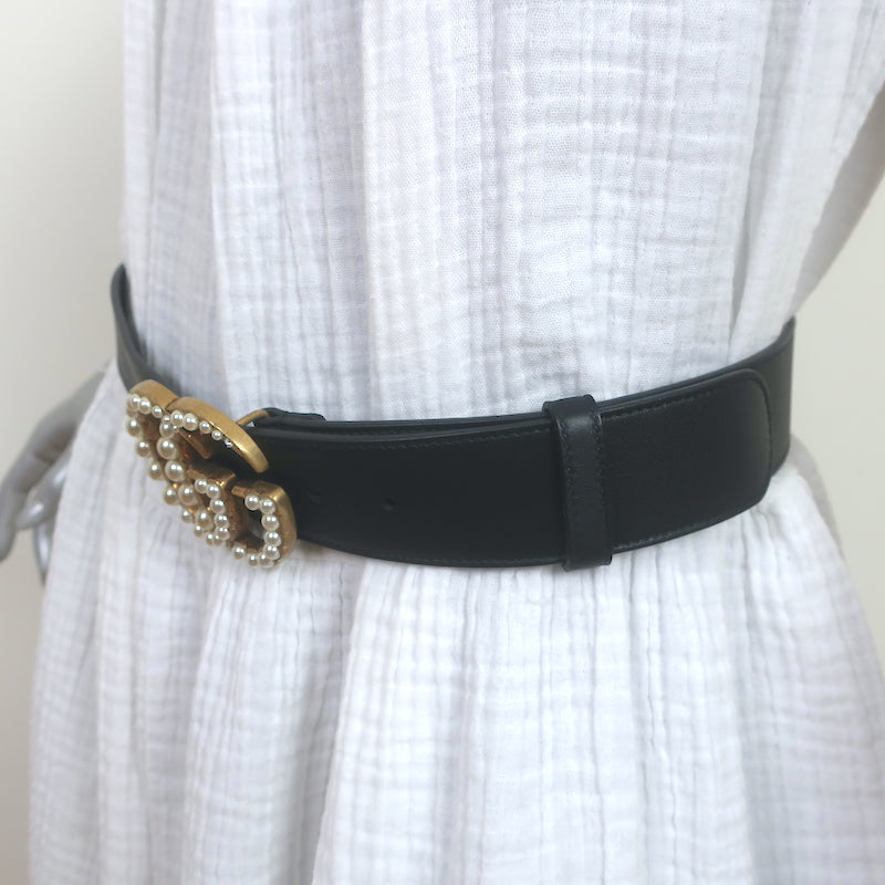 Gucci Pearl Double G Belt Black Leather Size 85 US 34