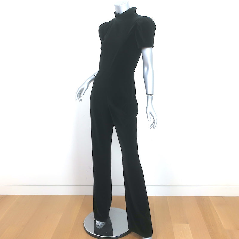 Alice + Olivia Jorah Puff Sleeve Jumpsuit Black Stretch Velvet Size 6