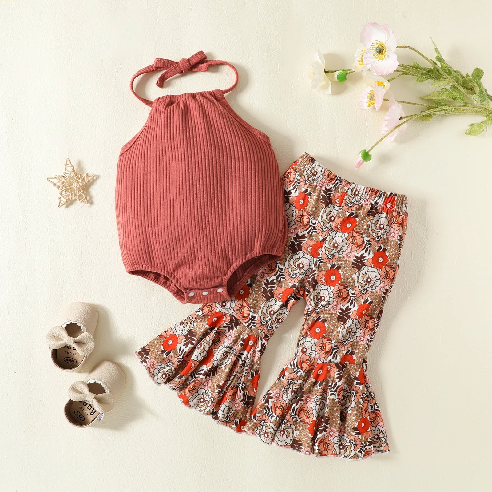 Halter Onesie & Floral Bell Bottoms Outfit