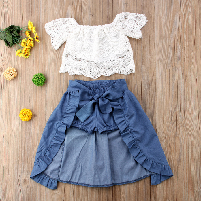 White Lace Top with Shorts & Ruffled Maxi Skirt Set