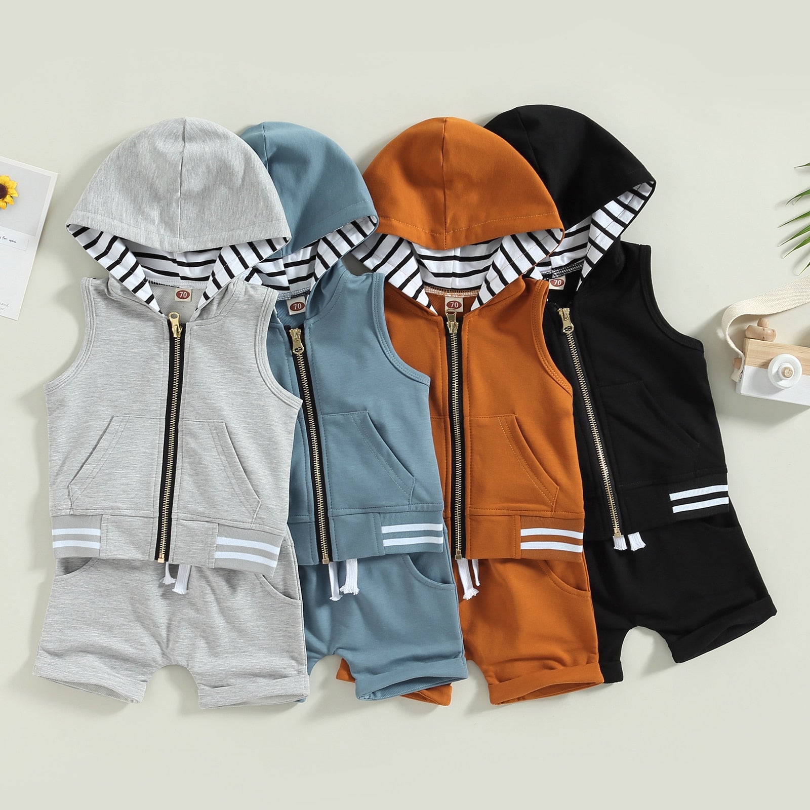 Sleeveless Stripes Zipper Hoodie & Shorts