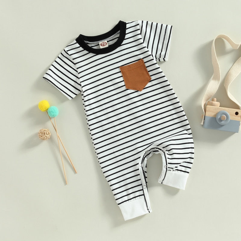 Short Sleeve Striped Pocket Romper