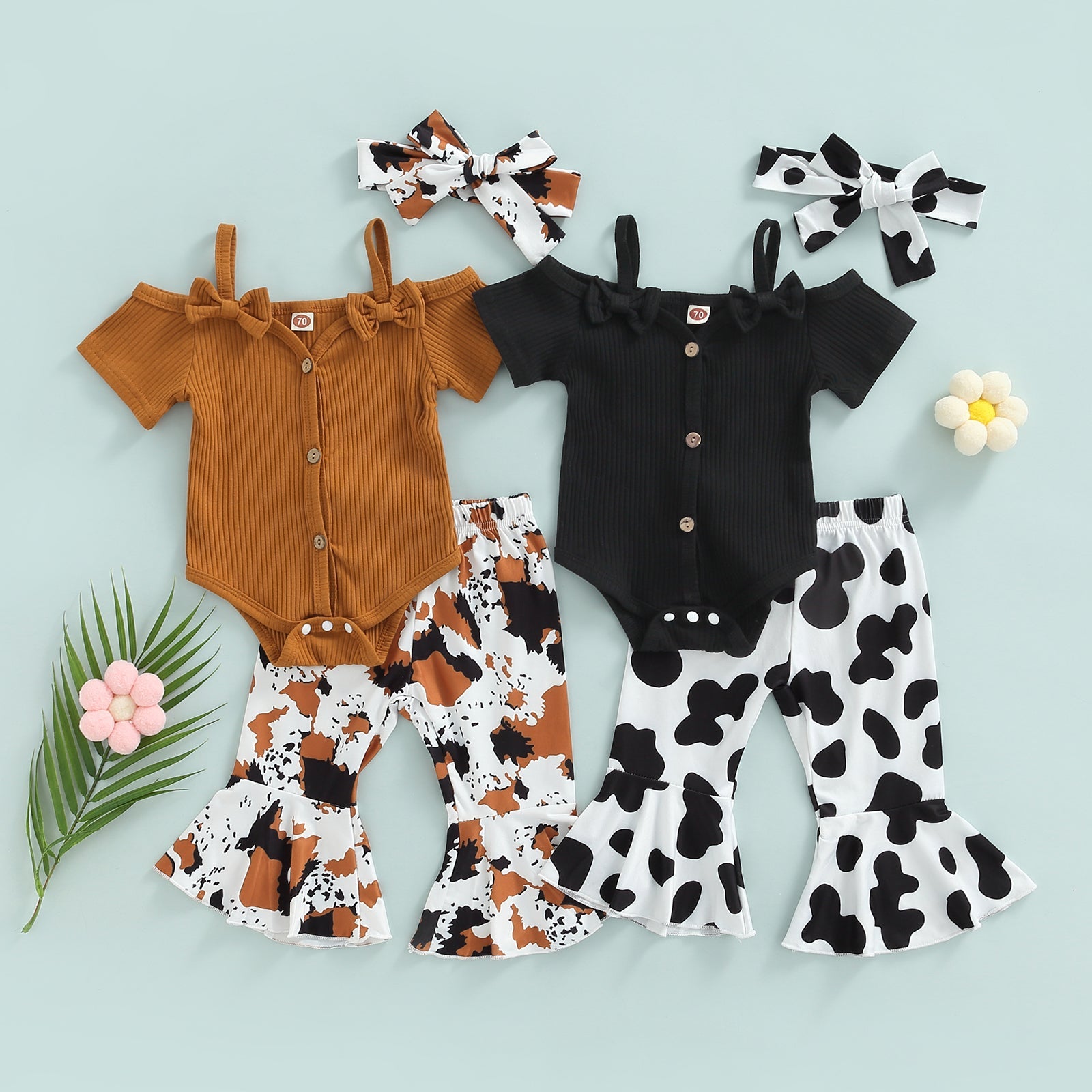 Off Shoulder Onesie with Cow Print Pants & Bow