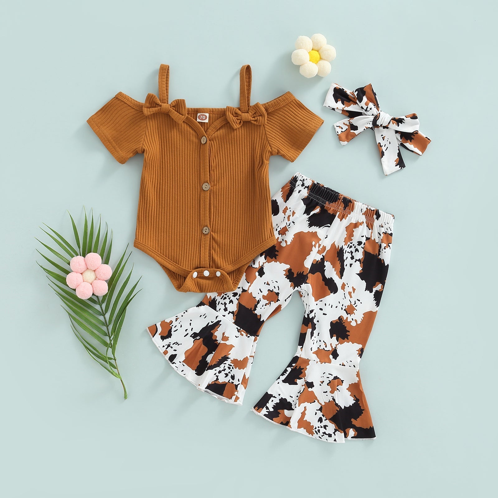 Off Shoulder Onesie with Cow Print Pants & Bow