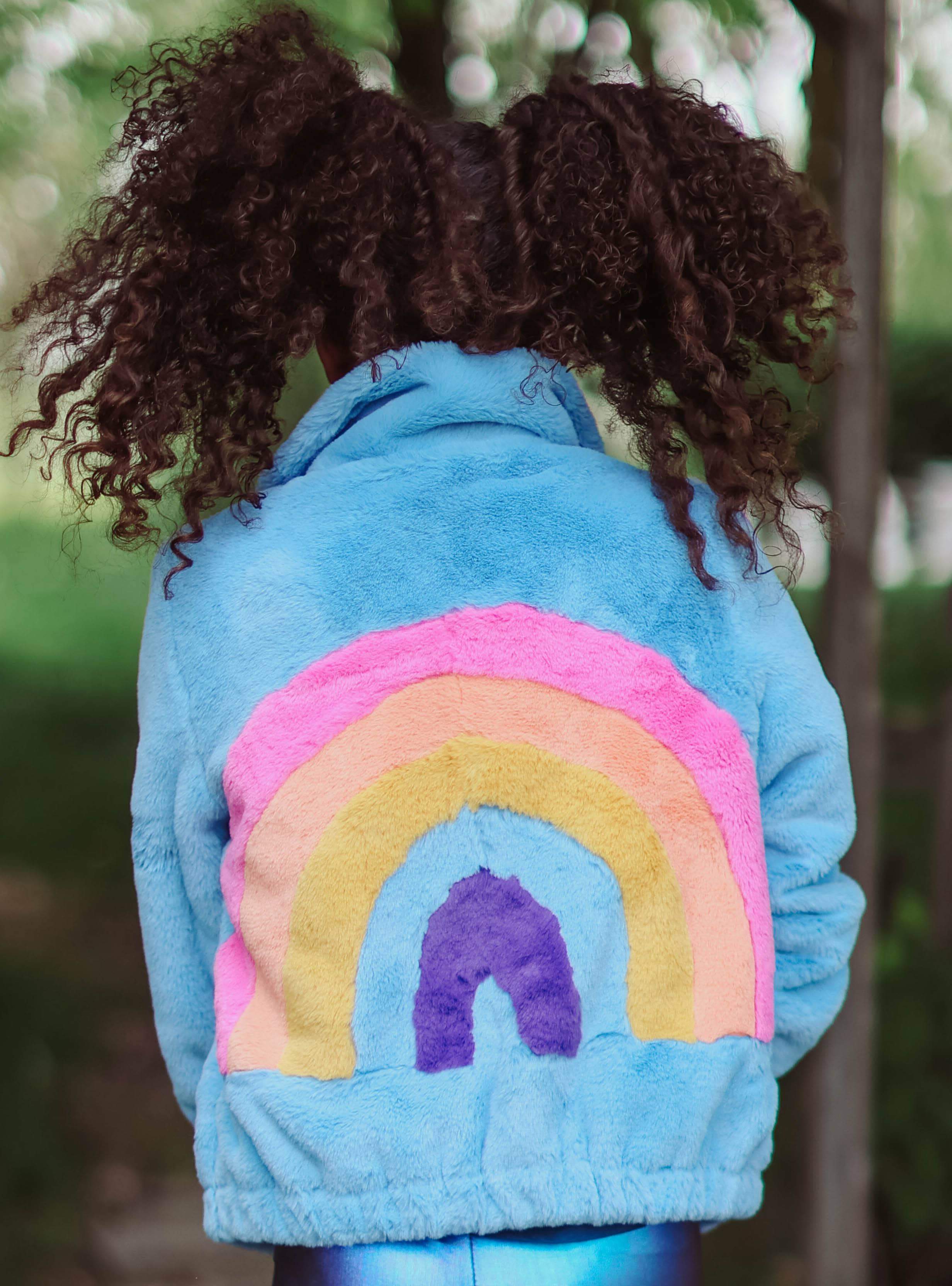 Rainbow Faux Fur Coat Baby Blue