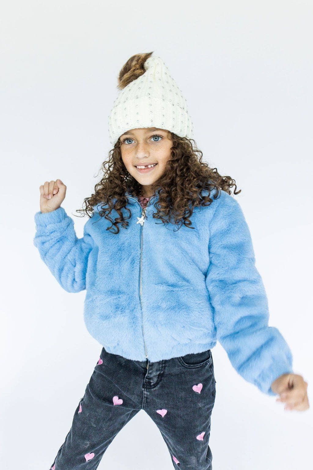 Rainbow Faux Fur Coat Baby Blue