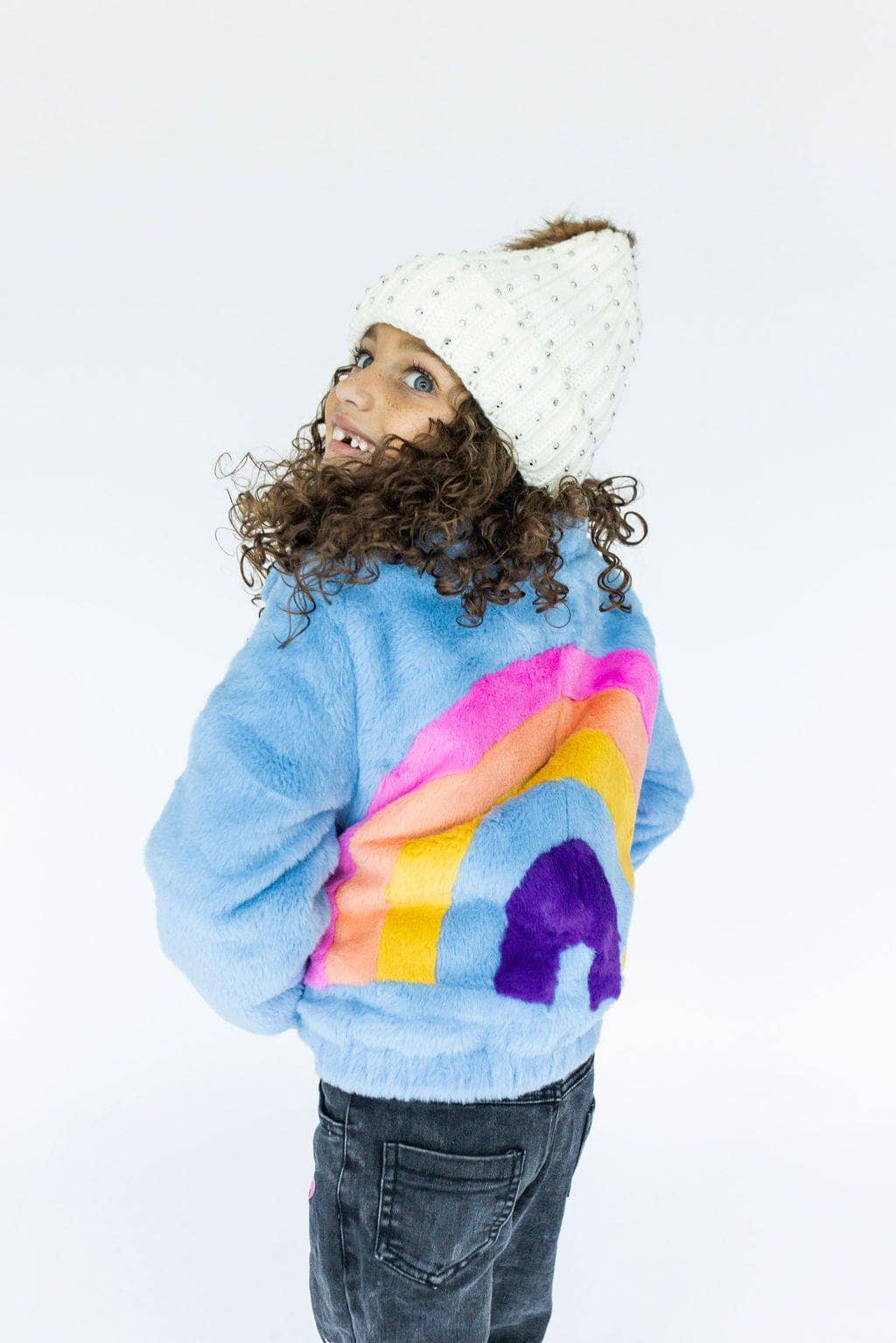 Rainbow Faux Fur Coat Baby Blue