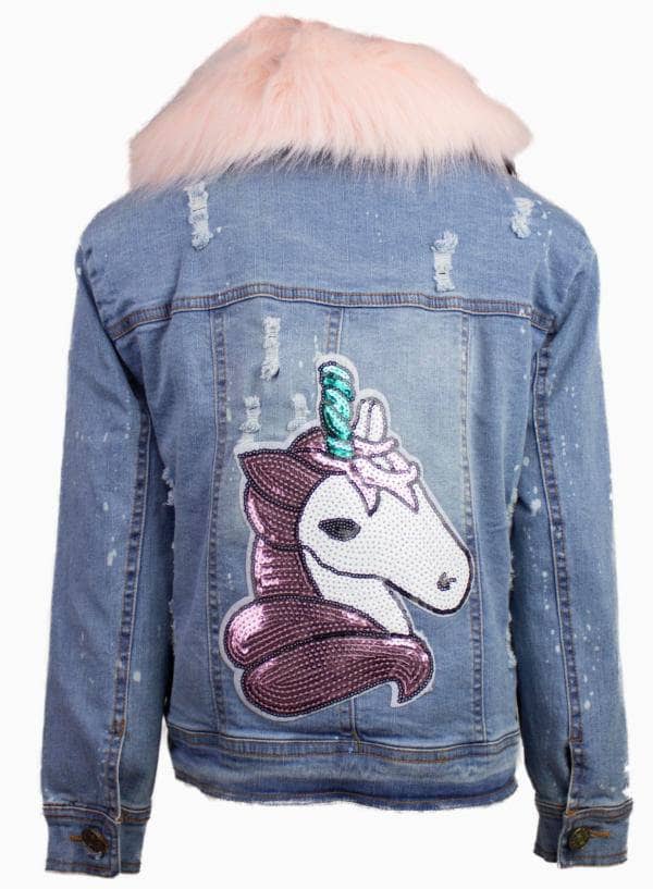 Unicorn Faux Fur Distressed Denim Jacket