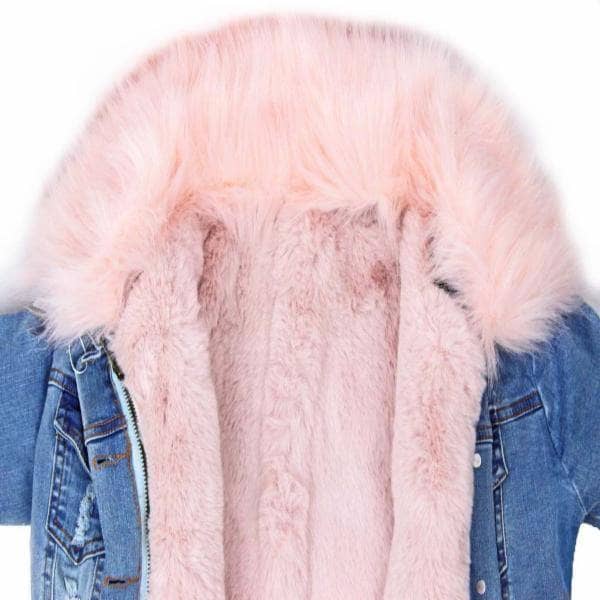 Unicorn Faux Fur Distressed Denim Jacket