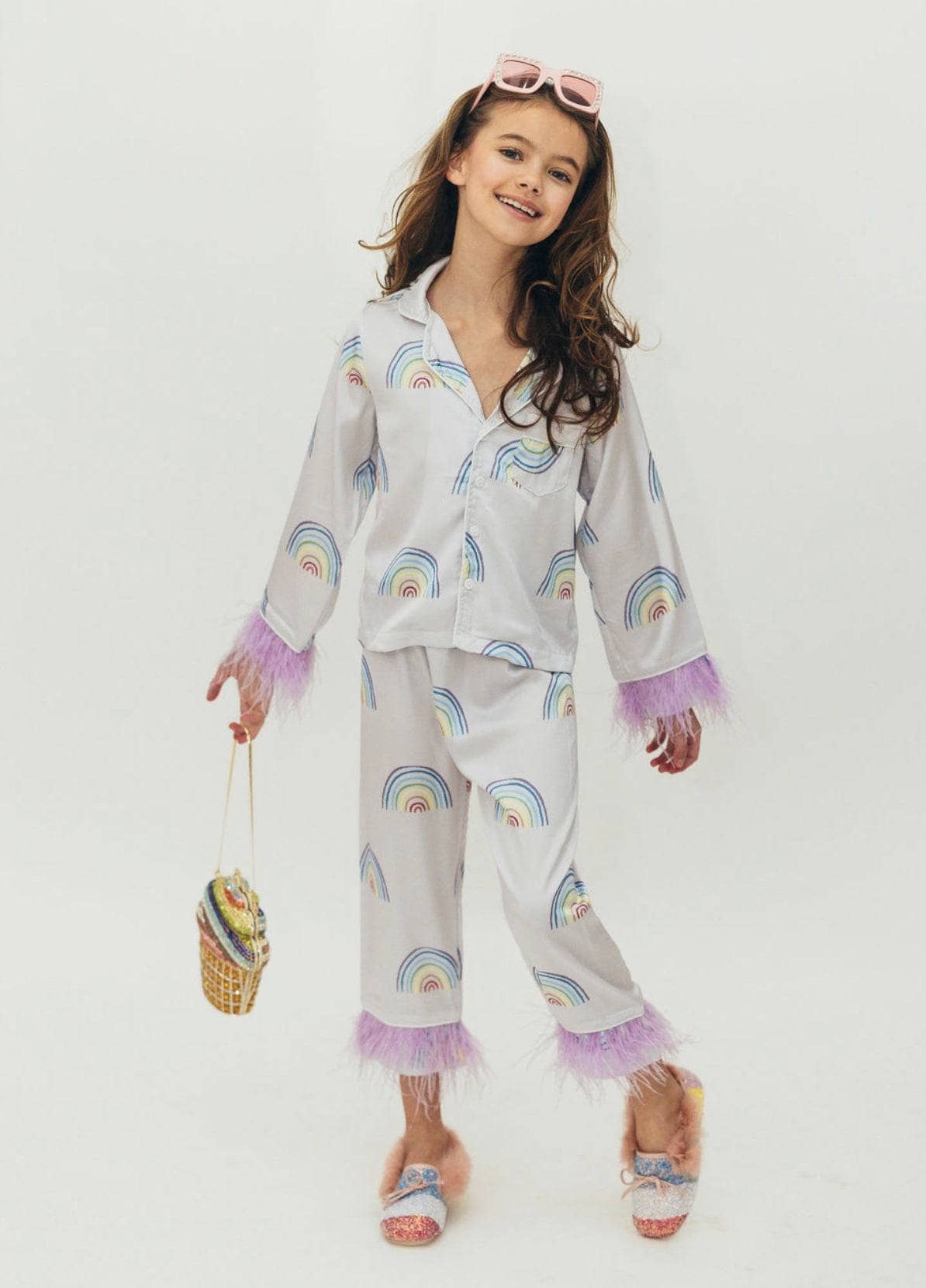 Rainbow Feather Trims Silky Pajamas