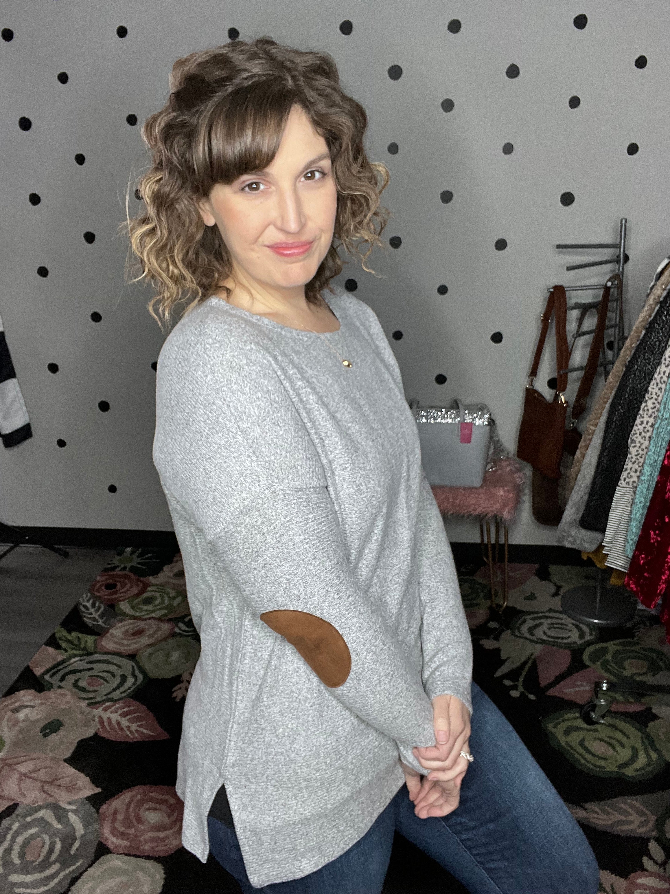 Two Tone Ribbed Sweater with Elbow Patch