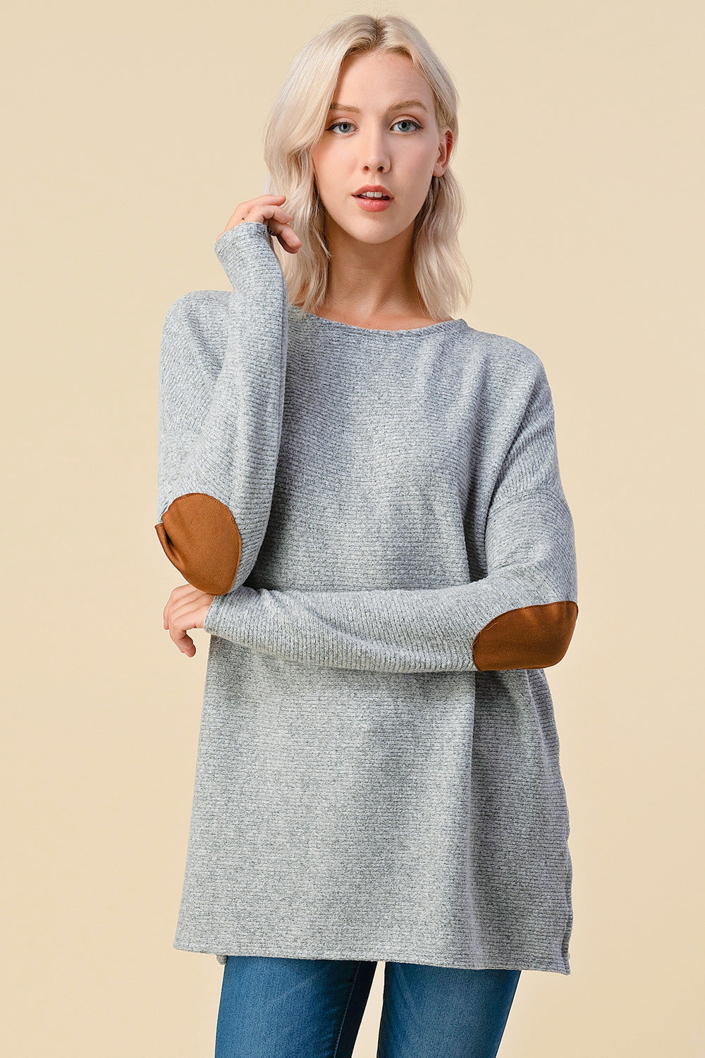 Two Tone Ribbed Sweater with Elbow Patch