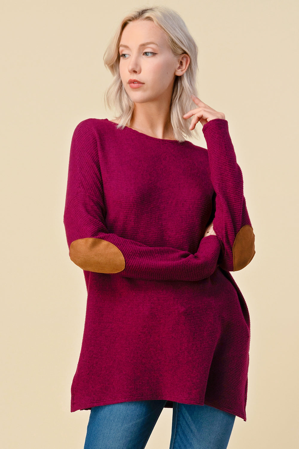 Two Tone Ribbed Sweater with Elbow Patch