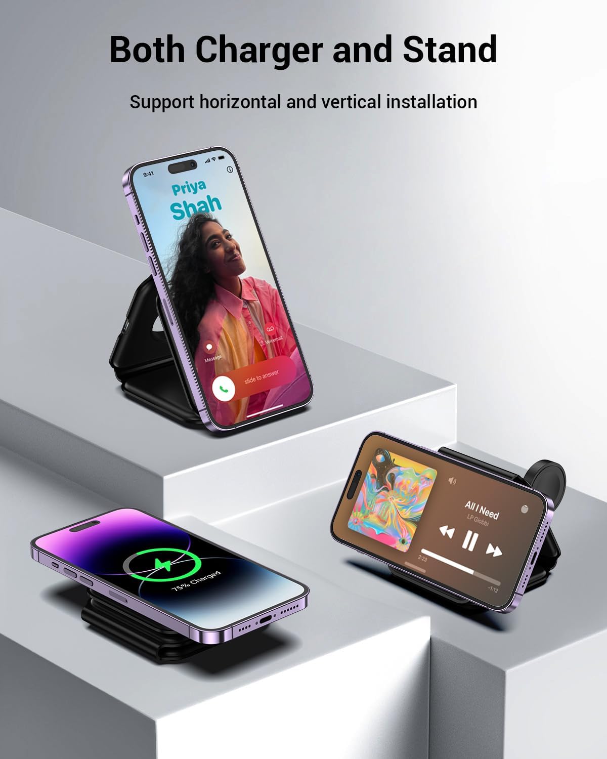 15W Magnetic Wireless Charger Fast Charge Foldable Charging Pad Slim Quick Charge USB-C - ONG37