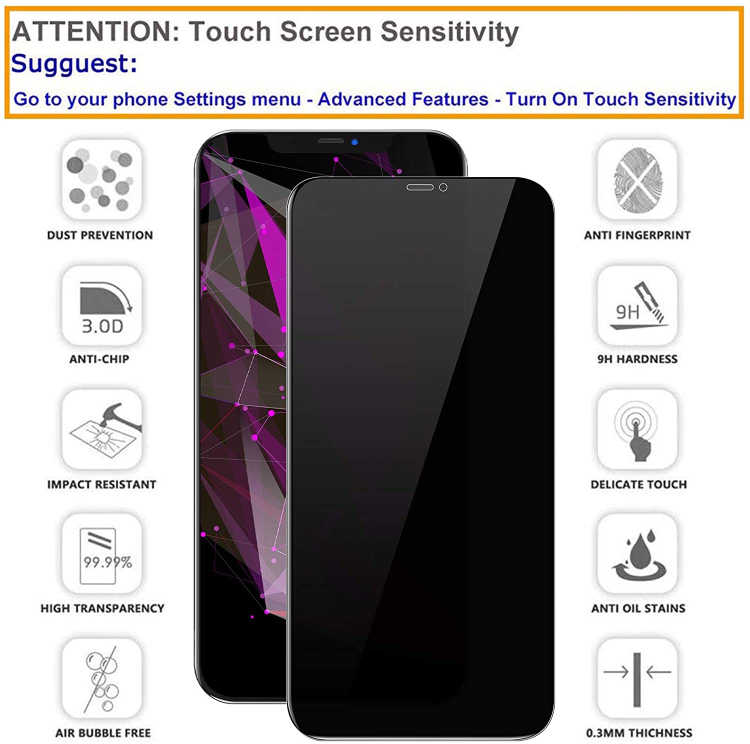 Belt Clip Case and 3 Pack Privacy Screen Protector Swivel Holster Tempered Glass Kickstand Cover Anti-Spy Anti-Peep - OND13+3G28