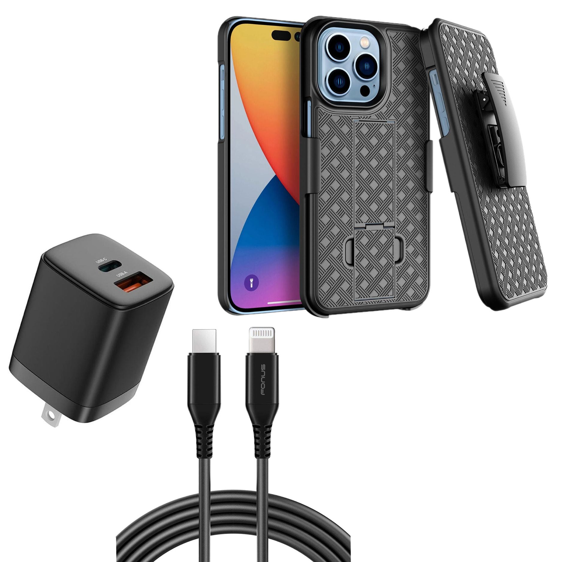 Belt Clip Case and Fast Home Charger Combo Swivel Holster PD Type-C Power Adapter 6ft Long USB-C Cable Kickstand Cover 2-Port Quick Charge - ONZ16