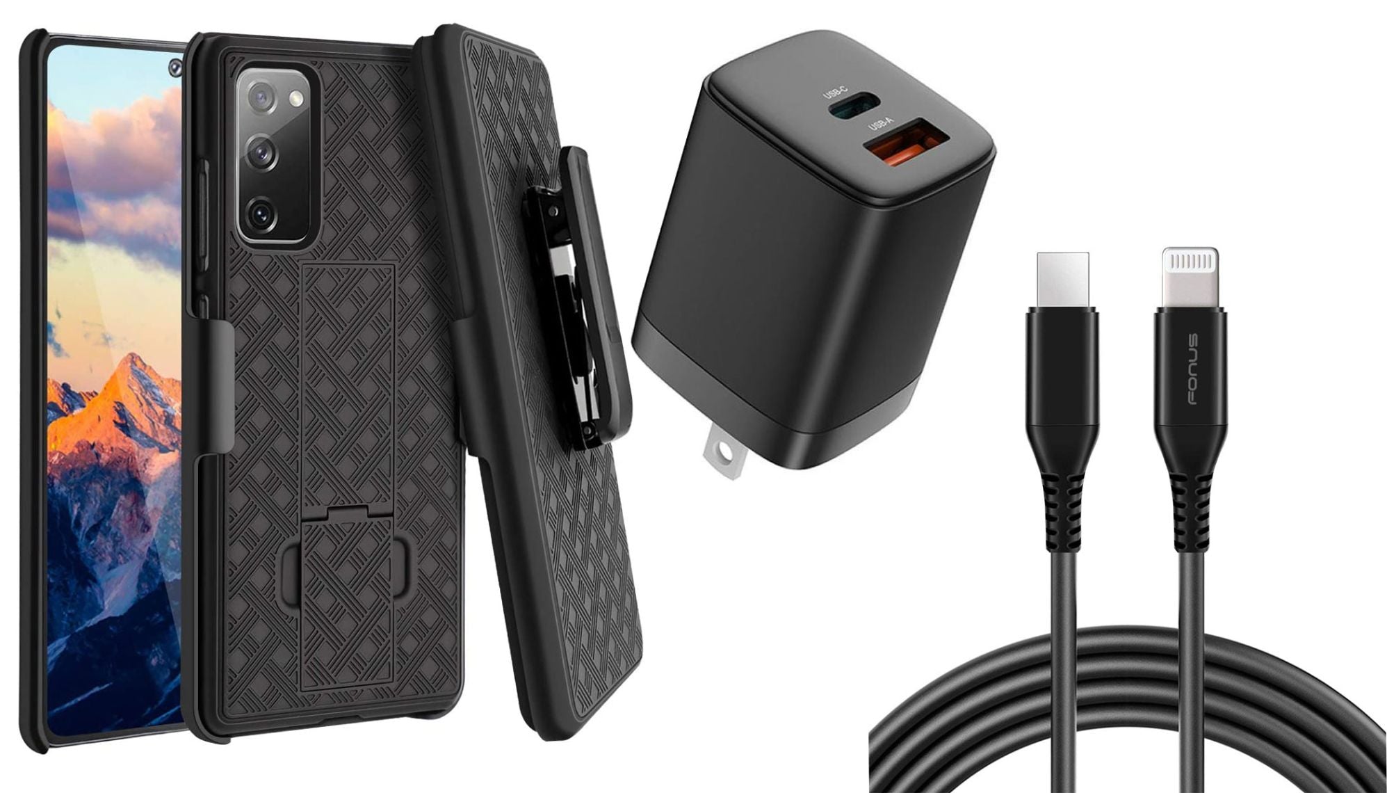 Belt Clip Case and Fast Home Charger Combo Swivel Holster PD Type-C Power Adapter 6ft Long USB-C Cable Kickstand Cover 2-Port Quick Charge - ONA83+G88