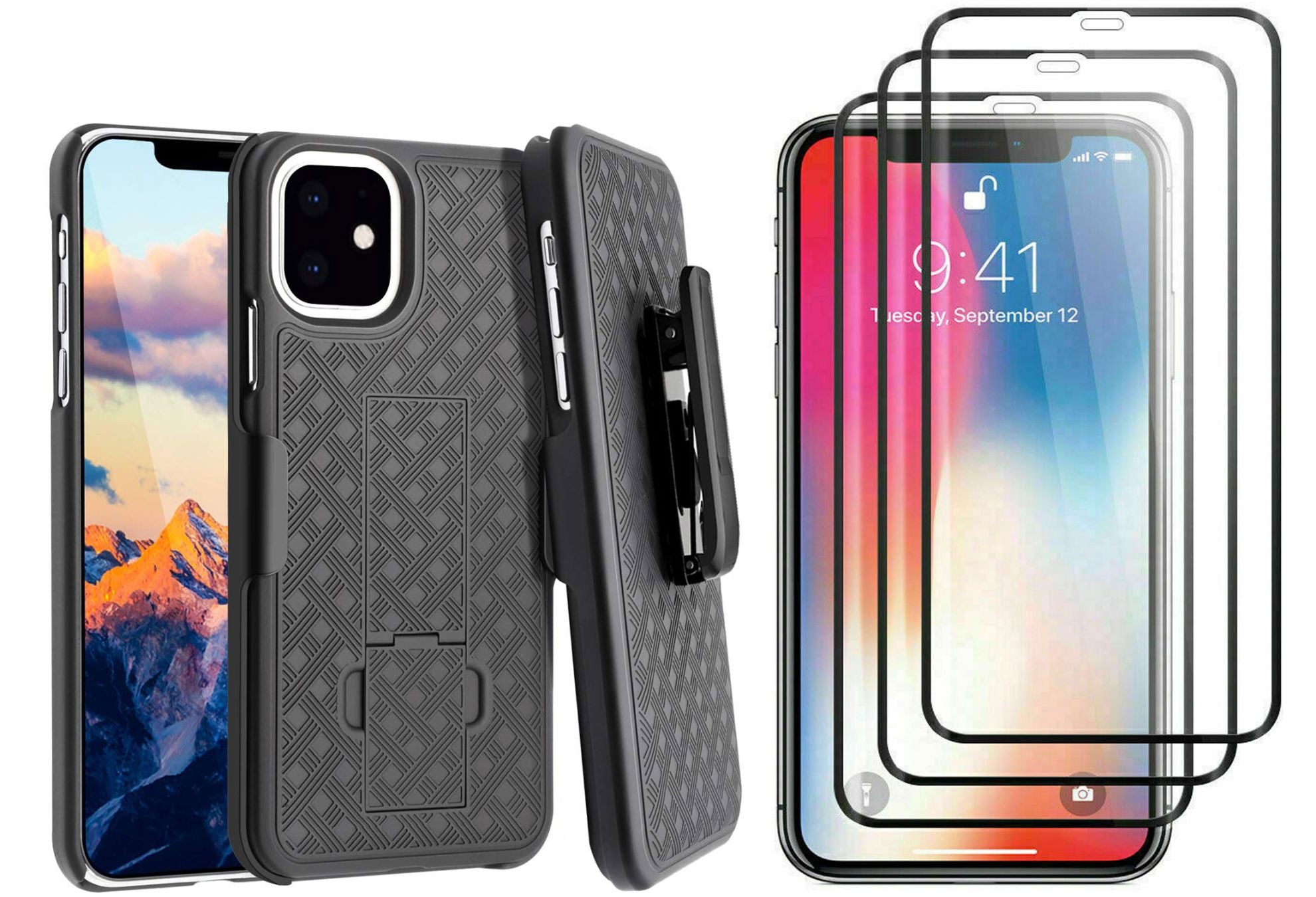 Belt Clip Case and 3 Pack Screen Protector Swivel Holster Tempered Glass Kickstand Cover Matte 3D Curved Edge - ONJ44+3R62