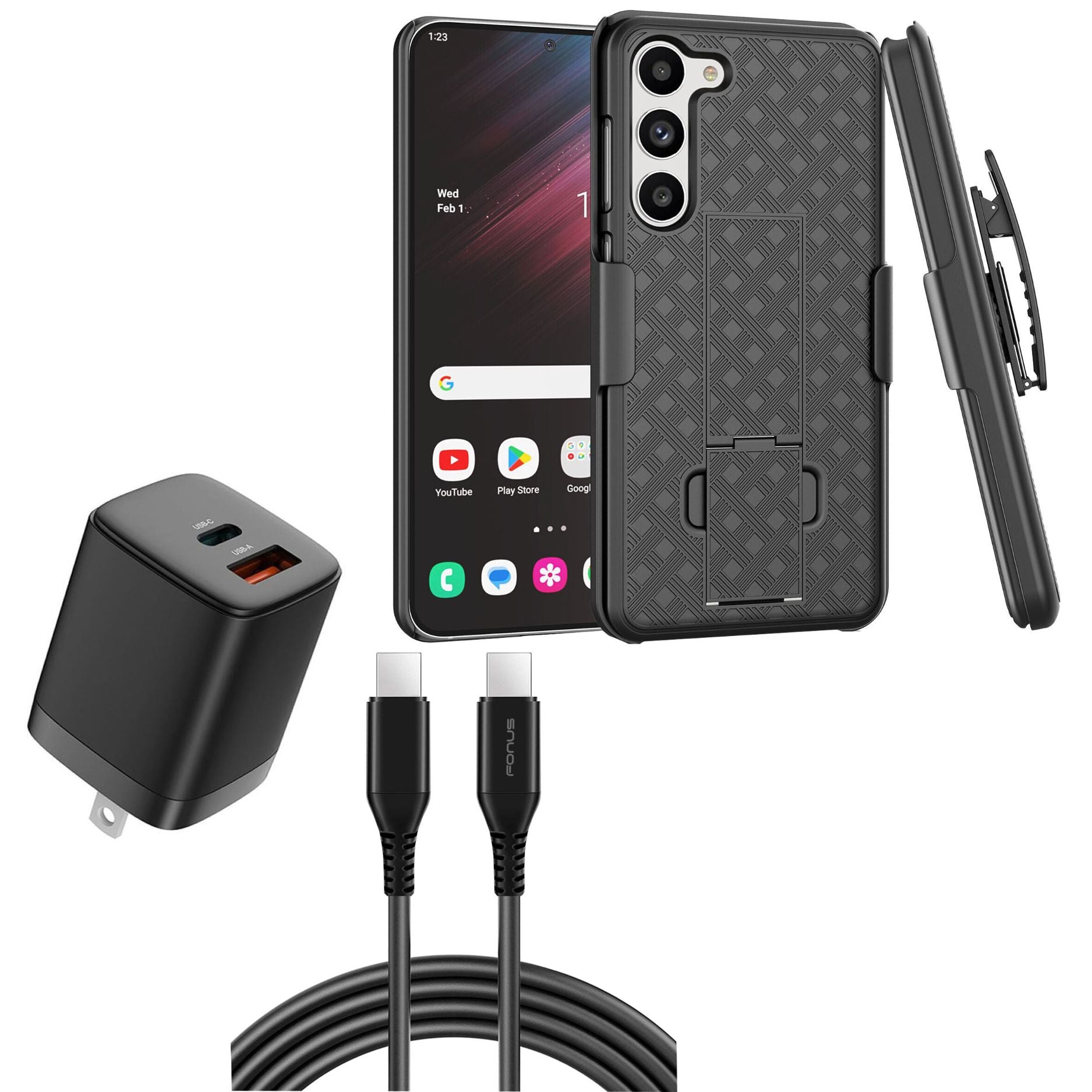 Belt Clip Case and Fast Home Charger Combo Swivel Holster PD Type-C Power Adapter 6ft Long USB-C Cable Kickstand Cover 2-Port Quick Charge - ONZ48