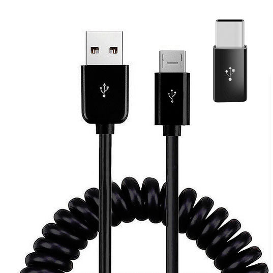 2-in-1 Car Home Charger Coiled USB Cable Micro-USB to USB-C Adapter Charger Cord Power Wire Black - ONE96