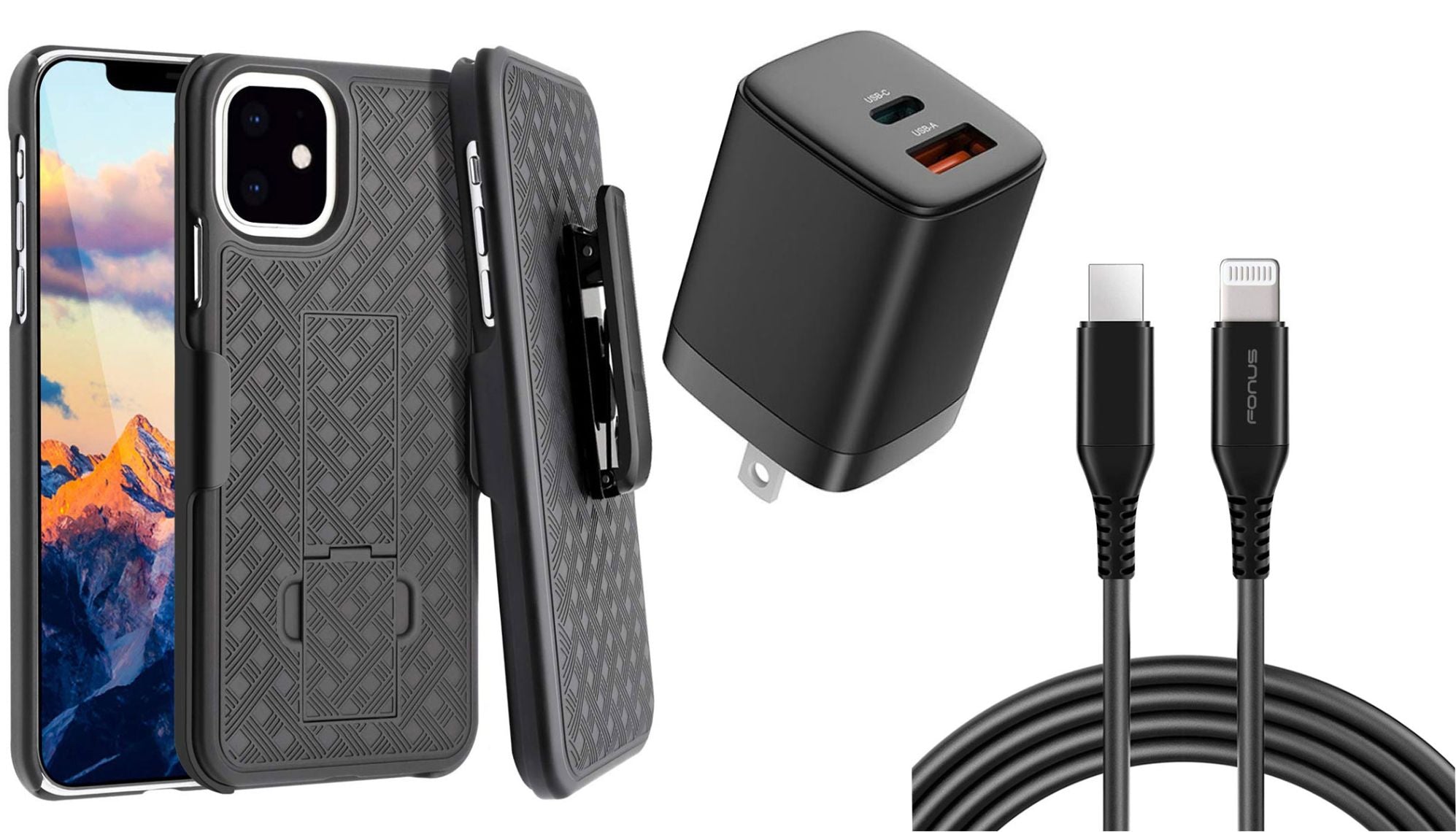 Belt Clip Case and Fast Home Charger Combo Swivel Holster PD Type-C Power Adapter 6ft Long USB-C Cable Kickstand Cover 2-Port Quick Charge - ONM90+G96