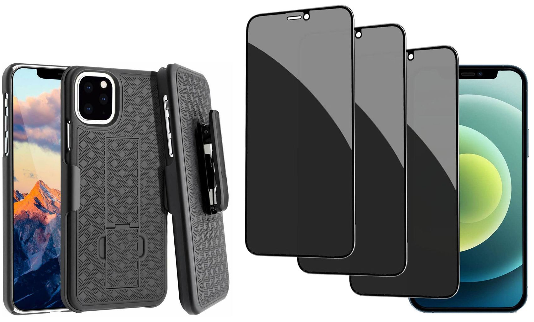Belt Clip Case and 3 Pack Privacy Screen Protector Swivel Holster Tempered Glass Kickstand Cover Anti-Spy Anti-Peep - OND13+3G28