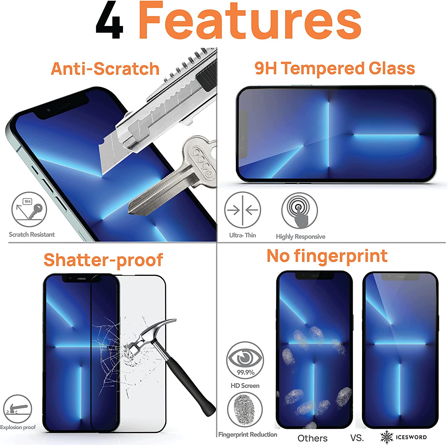 Belt Clip Case and 3 Pack Screen Protector Swivel Holster Tempered Glass Kickstand Cover 9H Hardness Anti-Glare - ONA49+3Z31