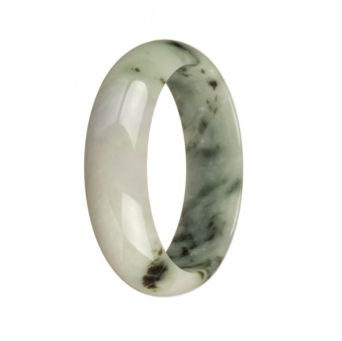 Genuine Untreated Green and White with Dark Green Patterns Burma Jade Bracelet - 57mm Half Moon