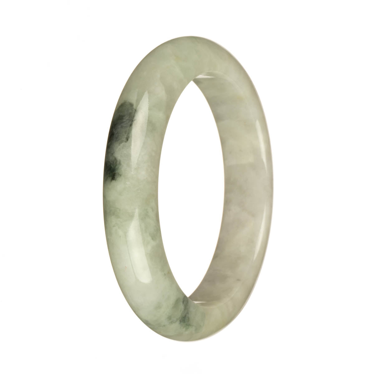 Genuine Type A Greyish White with Deep Green Patterns Jade Bangle Bracelet - 58mm Half Moon