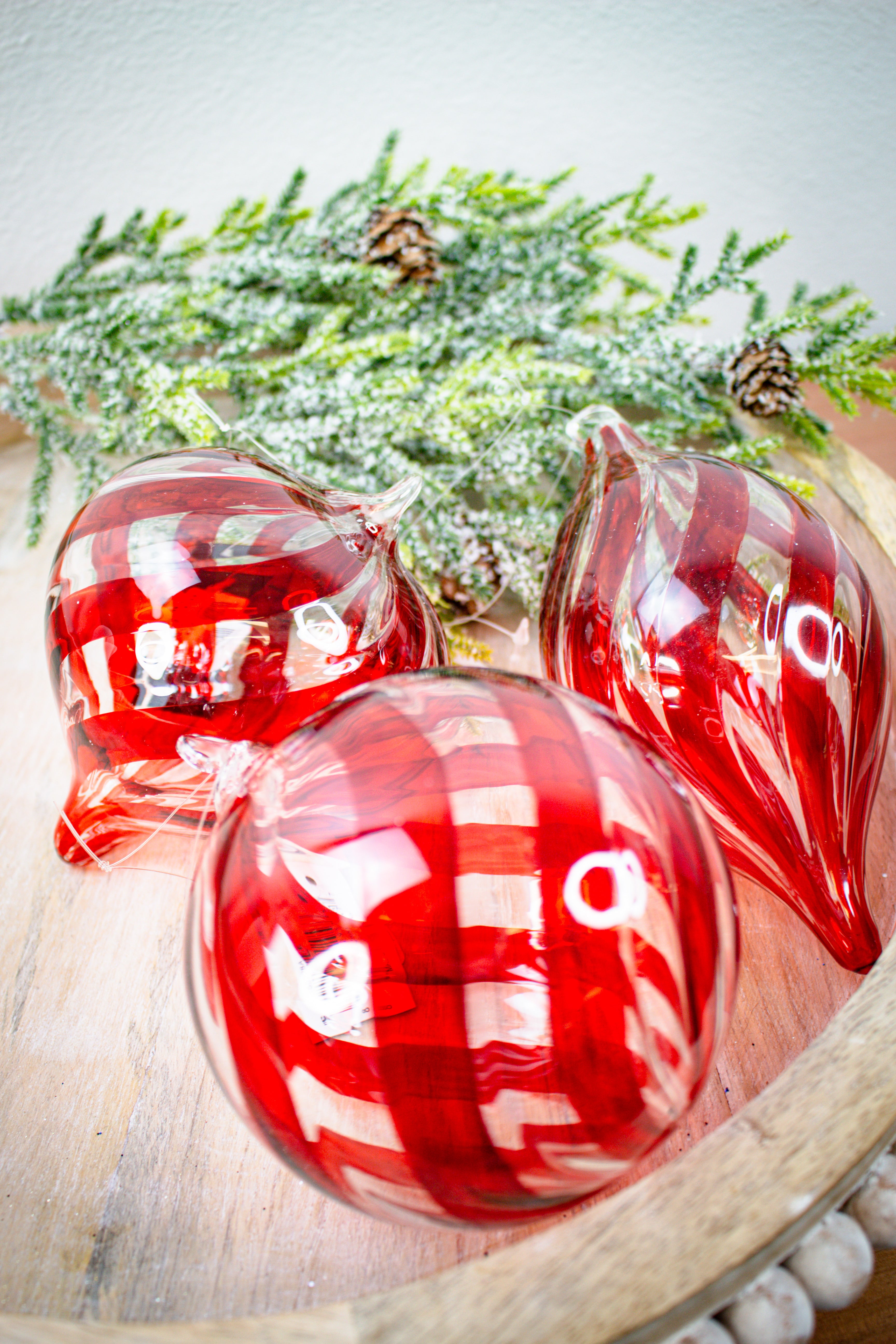 Glass Red & White Swirled Ornaments