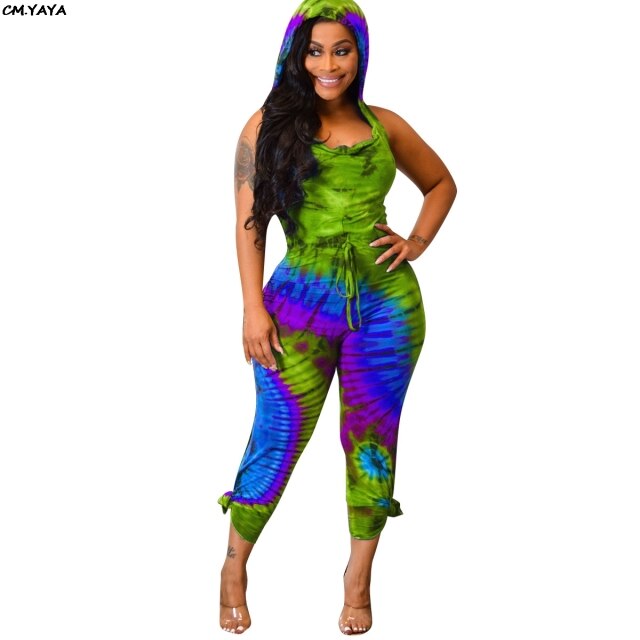 New women summer bohemian black hole tie dye print hooded cut out back jumpsuit