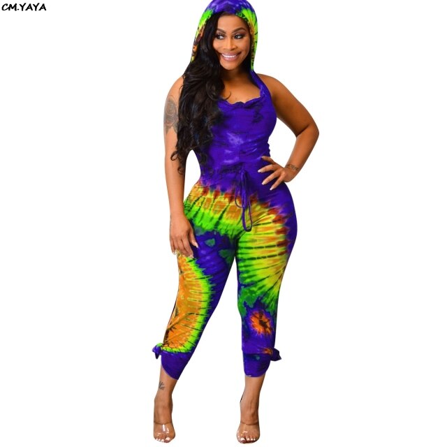 New women summer bohemian black hole tie dye print hooded cut out back jumpsuit