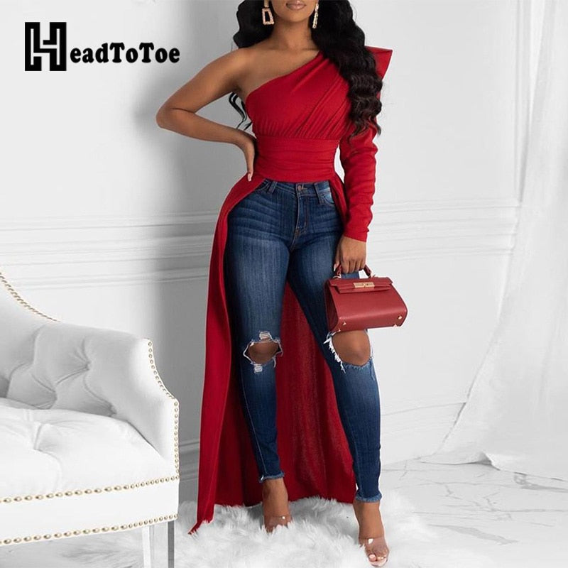 Women Solid One Shoulder Dip Hem Blouse