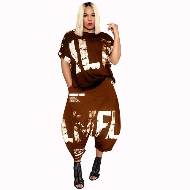 S-5XL Plus Size Two Piece Women Set Top + Baggy Cargo Harem Pants