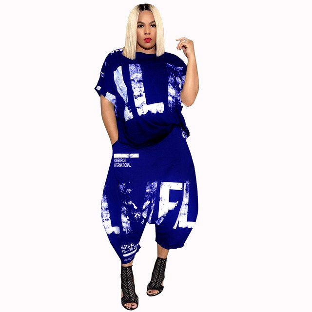 S-5XL Plus Size Two Piece Women Set Top + Baggy Cargo Harem Pants