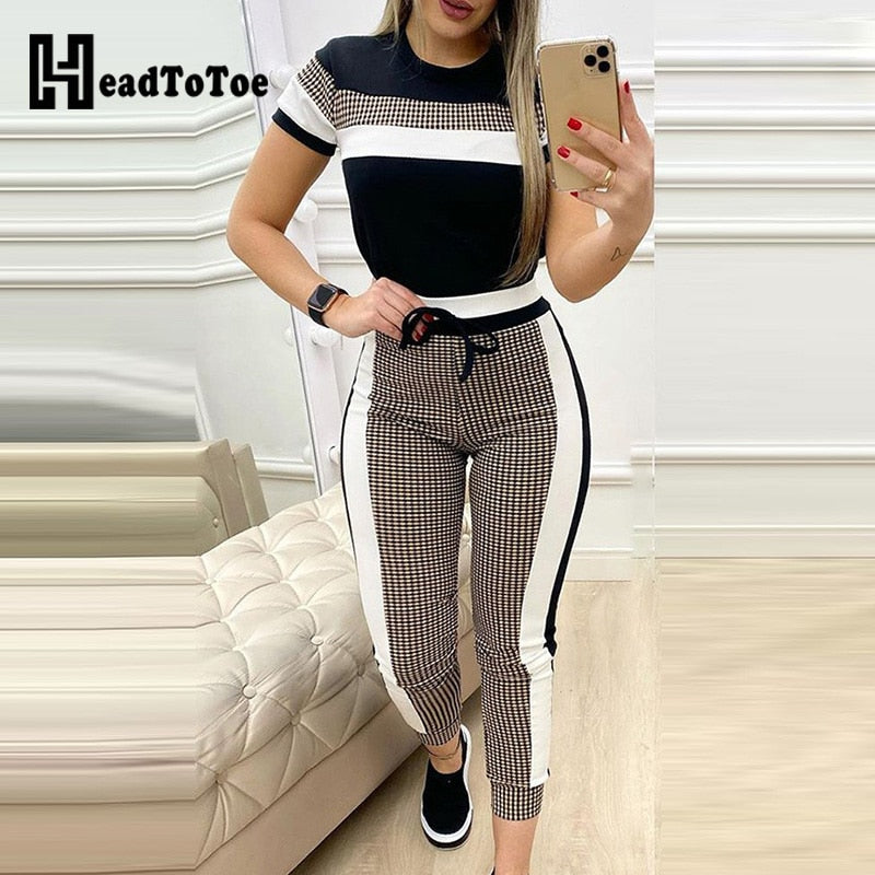 Plaid Striped Short Sleeve Two Piece Drawstring Pants Set