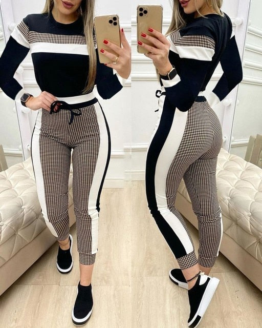 Plaid Striped Short Sleeve Two Piece Drawstring Pants Set