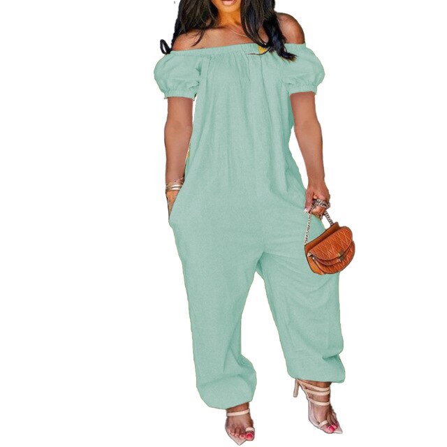 Women Off Shoulder Solid Short Sleeve Loose Overalls