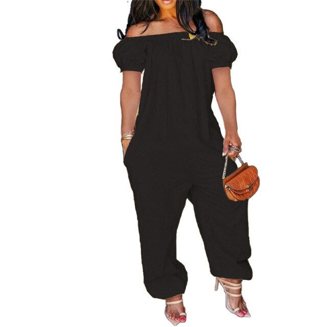 Women Off Shoulder Solid Short Sleeve Loose Overalls