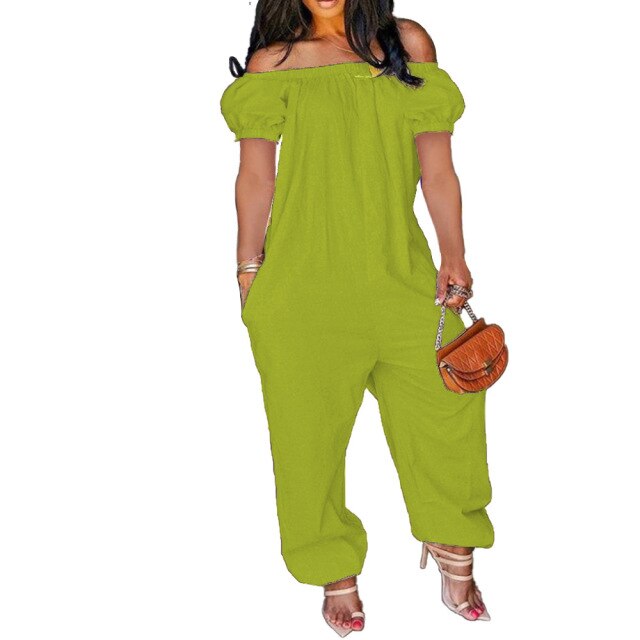 Women Off Shoulder Solid Short Sleeve Loose Overalls