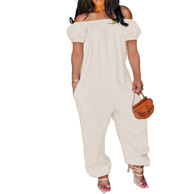 Women Off Shoulder Solid Short Sleeve Loose Overalls