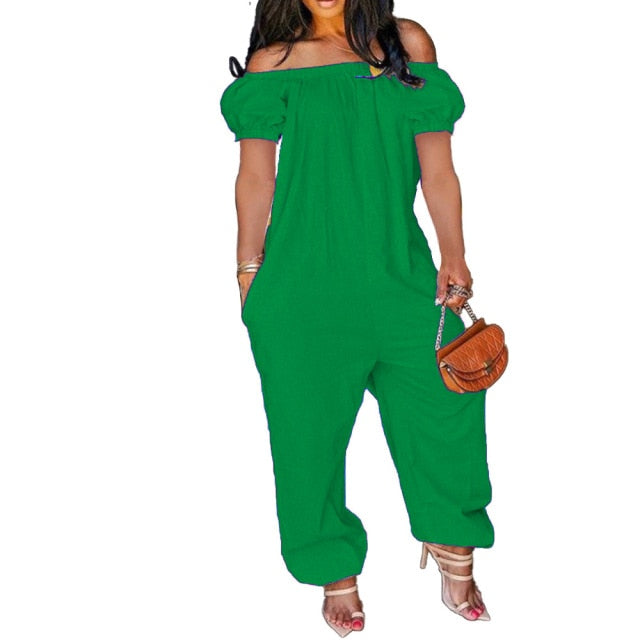 Women Off Shoulder Solid Short Sleeve Loose Overalls