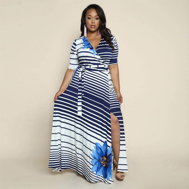 Plus Size Half Sleeve Split Floor Length Dress