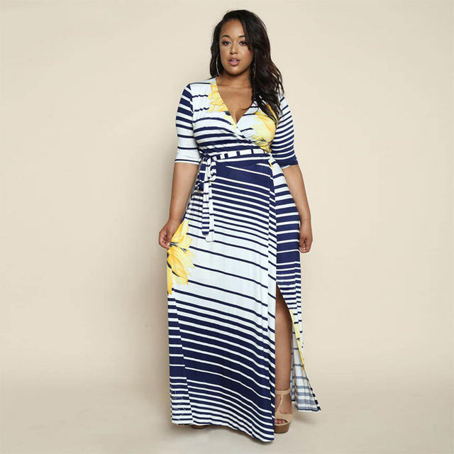 Plus Size Half Sleeve Split Floor Length Dress