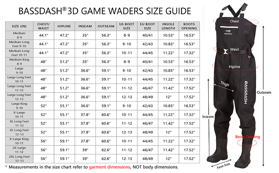 BASSDASH 3D Boot Foot Game Wader Ultra High Strength Black Plaid Nylon PVC  Fishing Hunting Chest Waders for Men in 7 Sizes : : Sports 