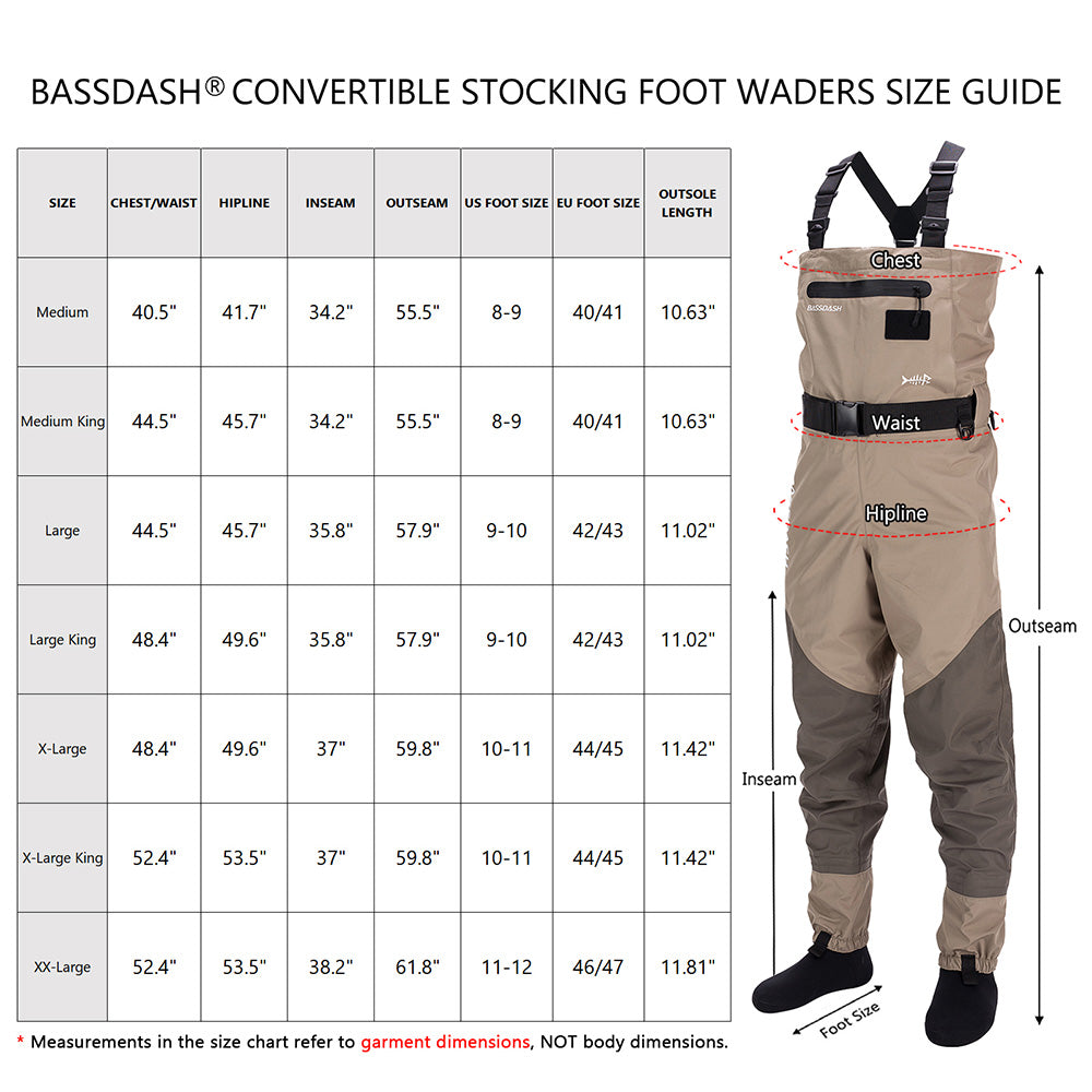 Bassdash Men's Breathable Chest Waist Convertible Hunting Fishing Waders,  Stocking Foot Waders