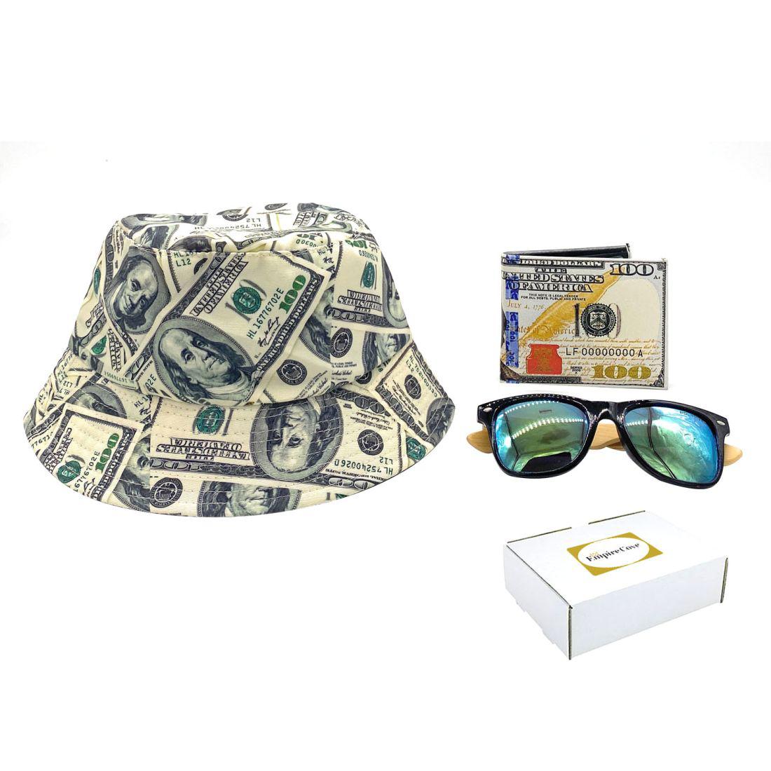 Empire Cove Mens 3 Piece Gift Set 100 Dollar Bill Bucket Hat Bifold Wallet Sunglasses
