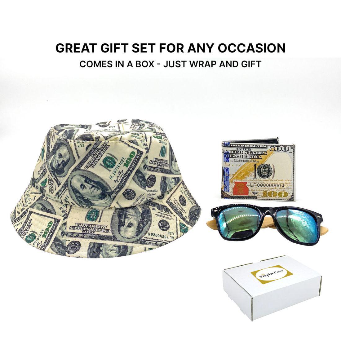 Empire Cove Mens 3 Piece Gift Set 100 Dollar Bill Bucket Hat Bifold Wallet Sunglasses