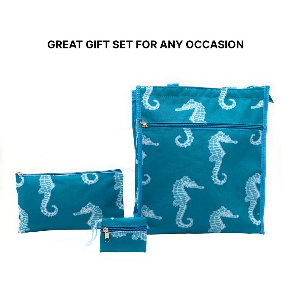 Empire Cove Womens 2 Piece Gift Set Seahorse Tote Bag Cosmetic Bag Makeup Pouch