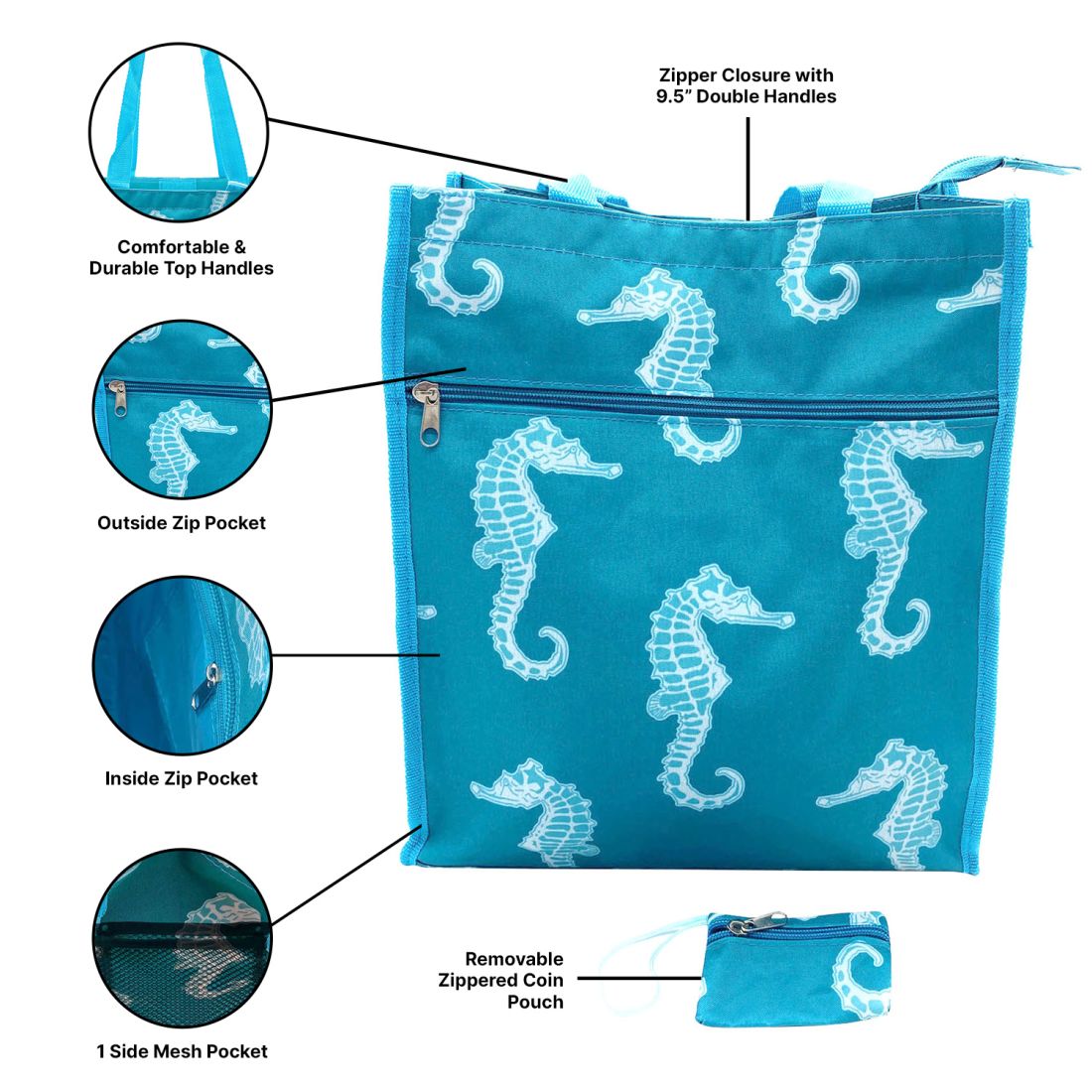 Empire Cove Womens 2 Piece Gift Set Seahorse Tote Bag Cosmetic Bag Makeup Pouch